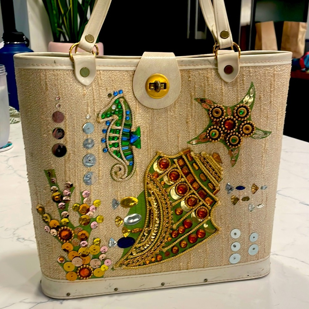 Vintage 60’s Enid Collins bucket bag. Sequined Seahorse/Shell Beaded Hand bag